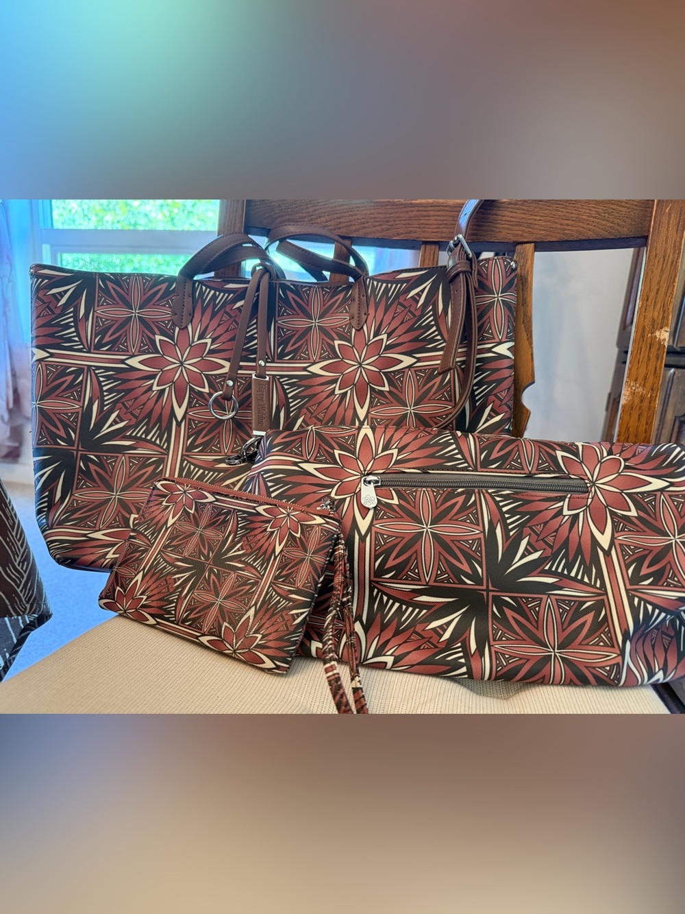 Three-Piece Floral Geometric Tote Set in Burgundy and Brown